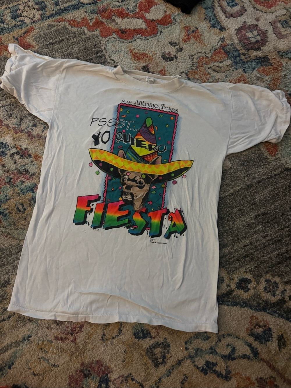 90s San Antonio TX White 'Fiesta' Graphic Tee with Colorful Sombrero